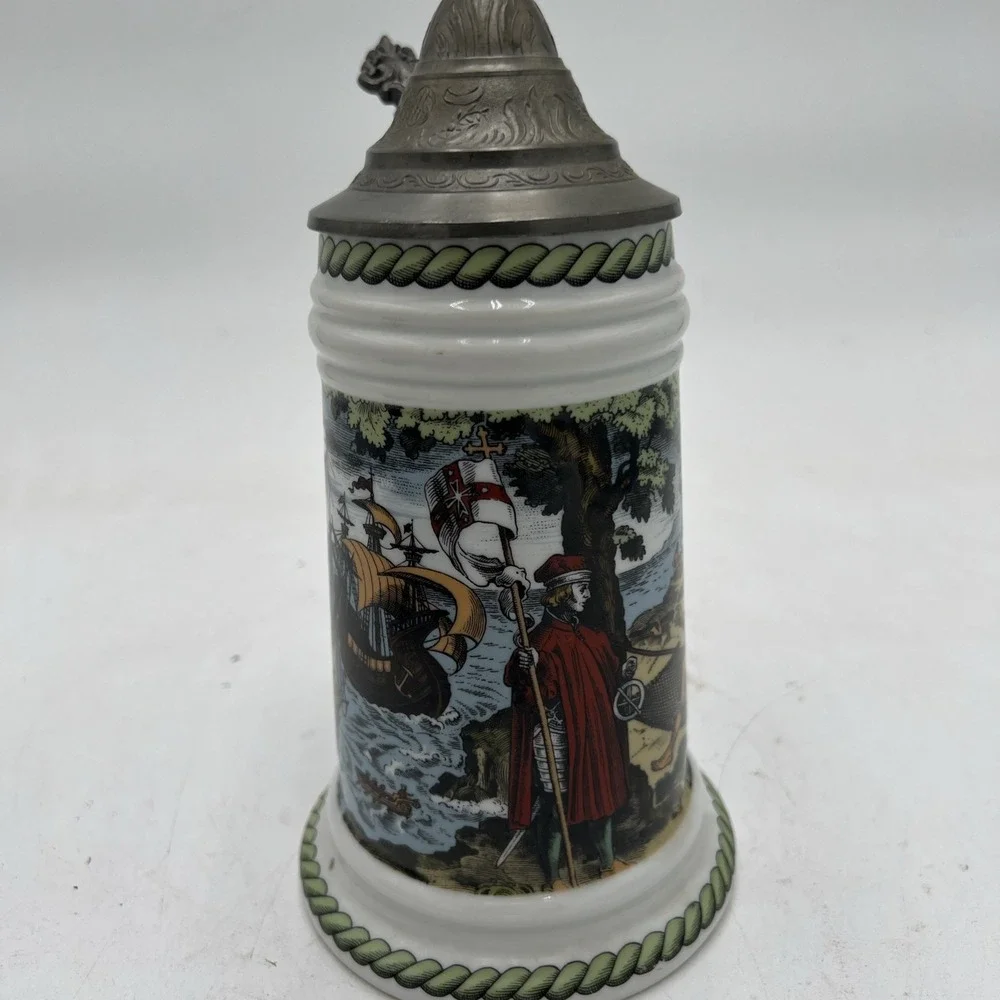 VNTG Cerami Beer Stein Tankard Pewter Lid Sailing Ship Historical Explorer Theme